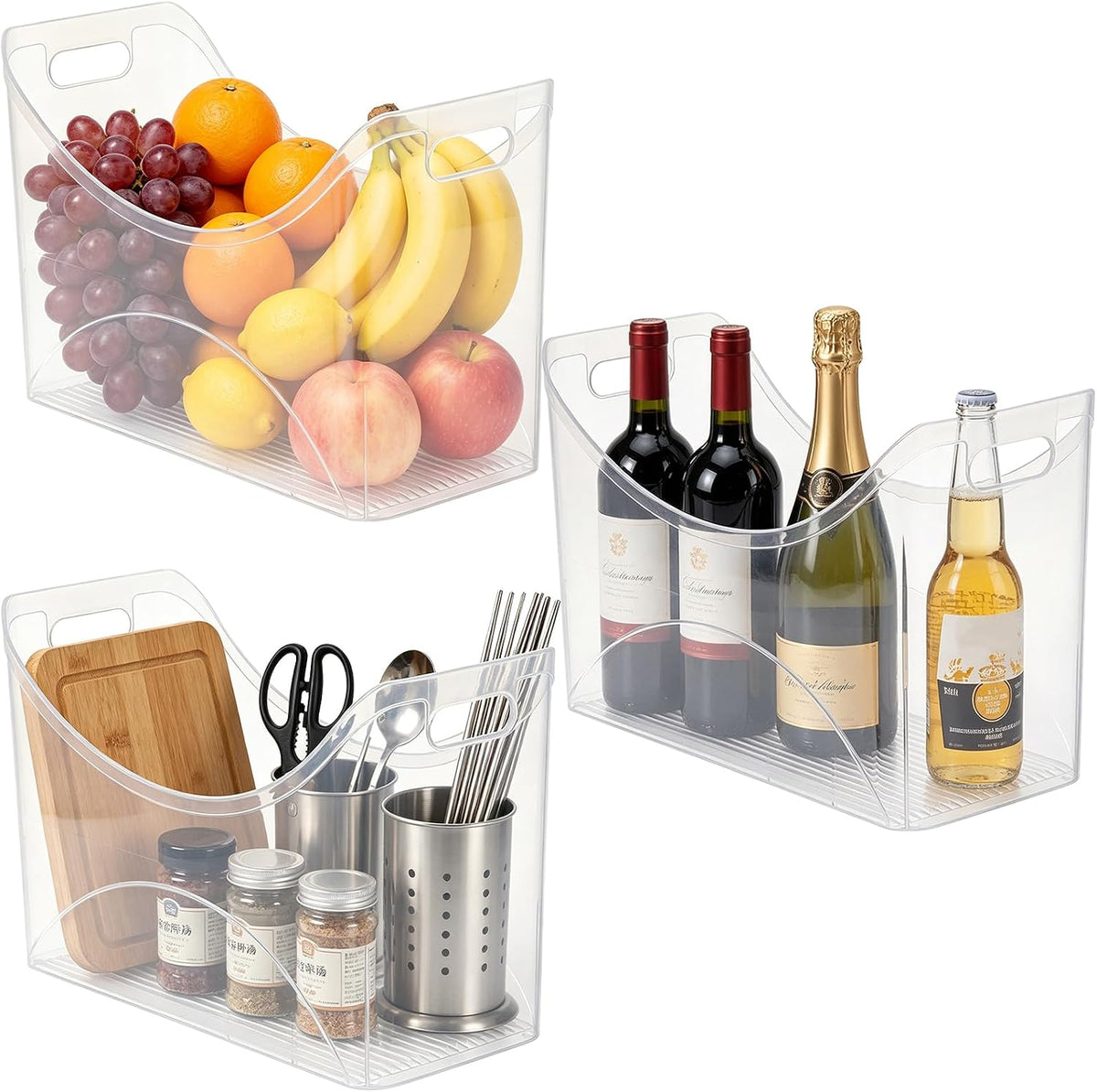 3 Pcs Freezer Organizer Bins with Handle 13"x6"x9" Tall Narrow Kitchen Pantry Organizer Clear Plastic Pantry Storage Organizer Snack Storage Containers for Fridge Office Cabinet Bathroom Under Sink