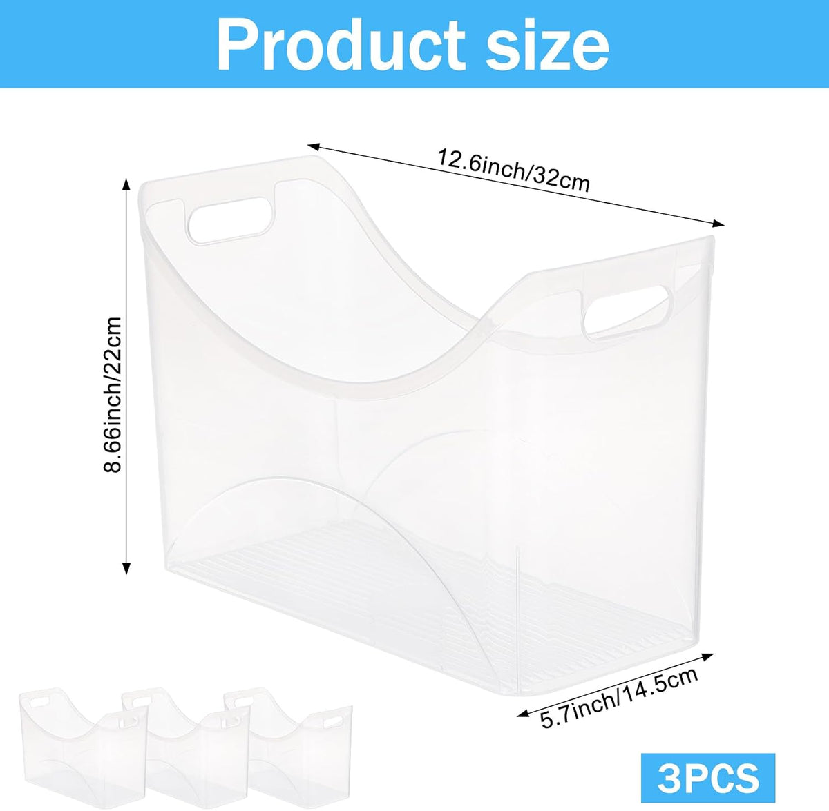 3 Pcs Freezer Organizer Bins with Handle 13"x6"x9" Tall Narrow Kitchen Pantry Organizer Clear Plastic Pantry Storage Organizer Snack Storage Containers for Fridge Office Cabinet Bathroom Under Sink
