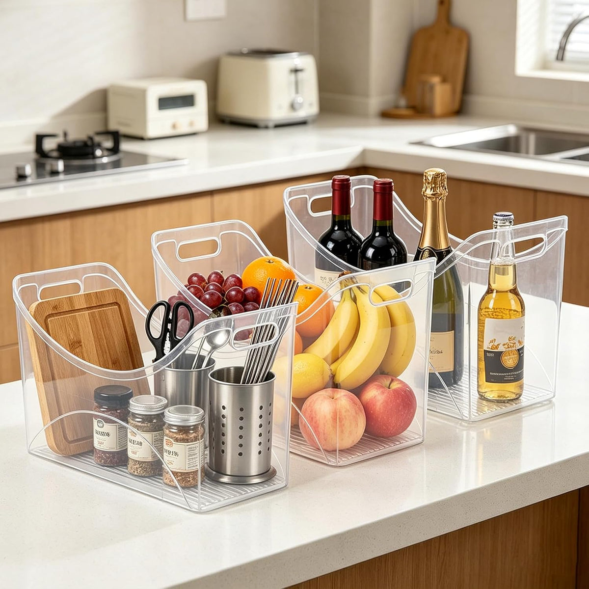 3 Pcs Freezer Organizer Bins with Handle 13"x6"x9" Tall Narrow Kitchen Pantry Organizer Clear Plastic Pantry Storage Organizer Snack Storage Containers for Fridge Office Cabinet Bathroom Under Sink