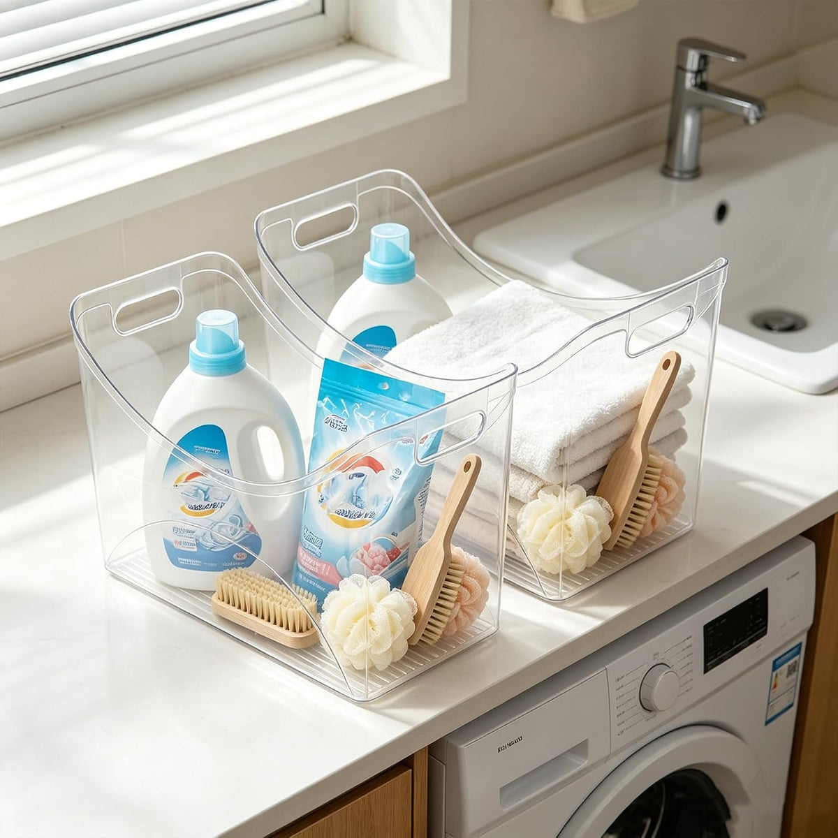 3 Pcs Freezer Organizer Bins with Handle 13"x6"x9" Tall Narrow Kitchen Pantry Organizer Clear Plastic Pantry Storage Organizer Snack Storage Containers for Fridge Office Cabinet Bathroom Under Sink