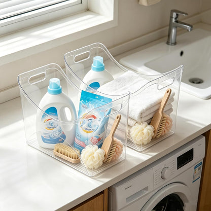 3 Pcs Freezer Organizer Bins with Handle 13"x6"x9" Tall Narrow Kitchen Pantry Organizer Clear Plastic Pantry Storage Organizer Snack Storage Containers for Fridge Office Cabinet Bathroom Under Sink