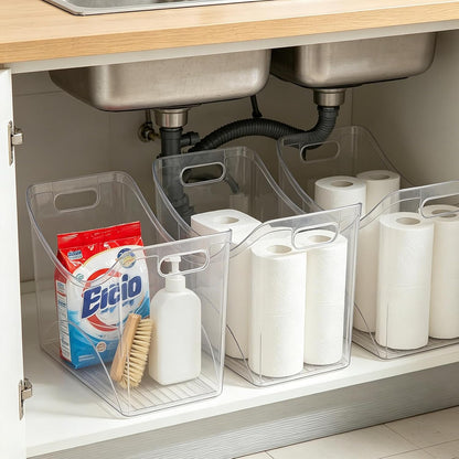 3 Pcs Freezer Organizer Bins with Handle 13"x6"x9" Tall Narrow Kitchen Pantry Organizer Clear Plastic Pantry Storage Organizer Snack Storage Containers for Fridge Office Cabinet Bathroom Under Sink