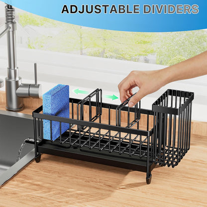 Cisily Sponge Holder for Kitchen Sink, Sink Organizer with Brush Holder | Kitchen Countertop Organizers and Storage Essentials, Rustproof 304 Stainless Steel (Black, 9.25″)