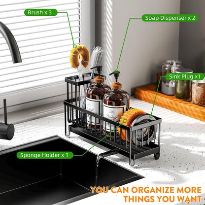 Cisily Sponge Holder for Kitchen Sink, Sink Organizer with Brush Holder | Kitchen Countertop Organizers and Storage Essentials, Rustproof 304 Stainless Steel (Black, 9.25″)