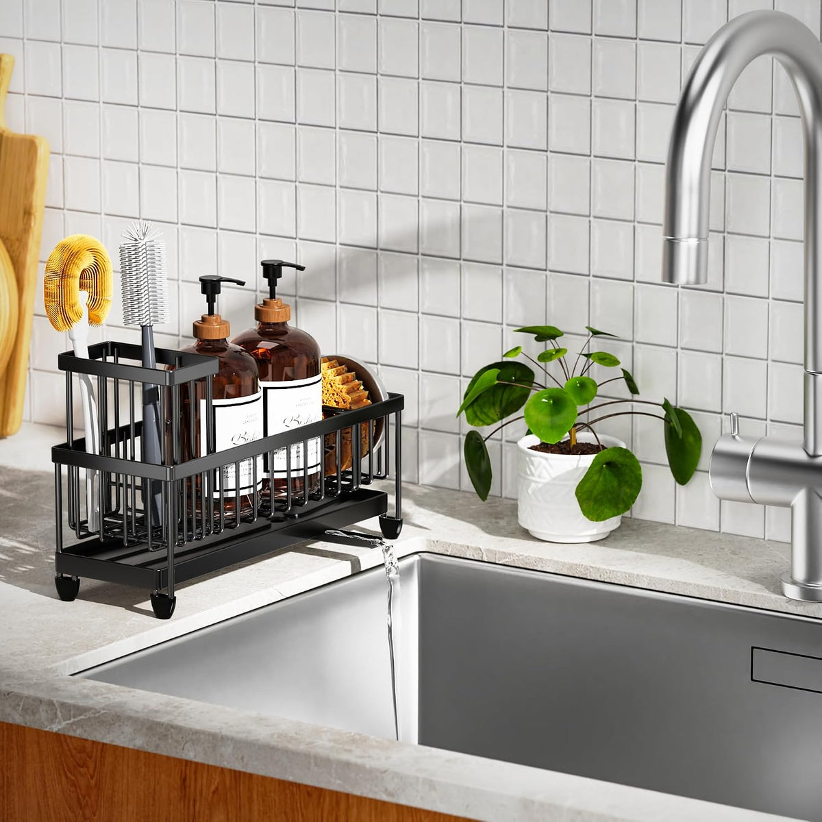 Cisily Sponge Holder for Kitchen Sink, Sink Organizer with Brush Holder | Kitchen Countertop Organizers and Storage Essentials, Rustproof 304 Stainless Steel (Black, 9.25″)