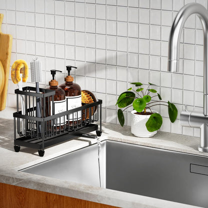 Cisily Sponge Holder for Kitchen Sink, Sink Organizer with Brush Holder | Kitchen Countertop Organizers and Storage Essentials, Rustproof 304 Stainless Steel (Black, 9.25″)