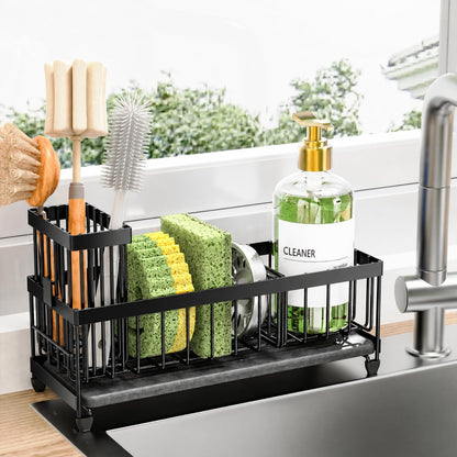 Cisily Sponge Holder for Kitchen Sink, Sink Organizer with Brush Holder | Kitchen Countertop Organizers and Storage Essentials, Rustproof 304 Stainless Steel (Black, 9.25″)