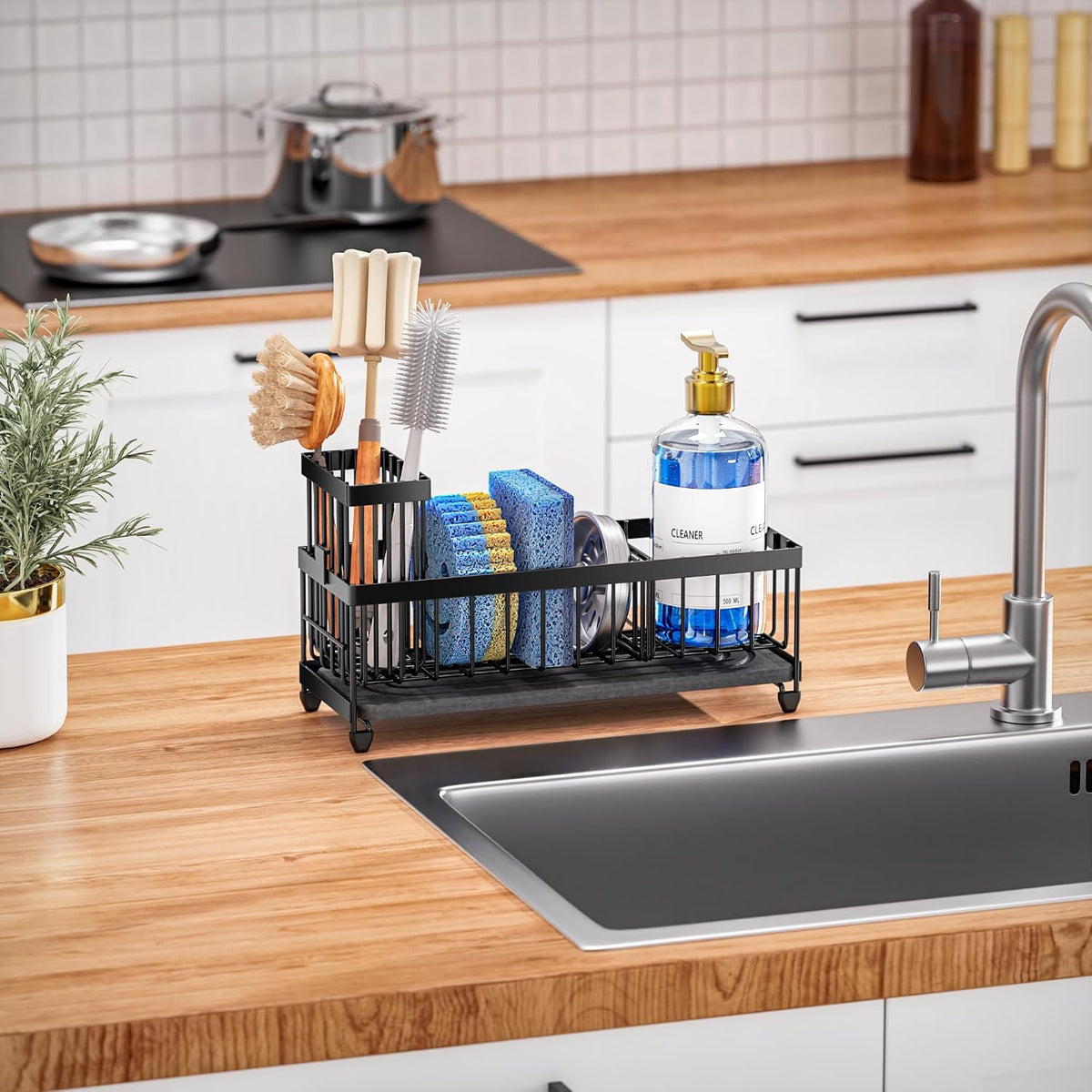 Cisily Sponge Holder for Kitchen Sink, Sink Organizer with Brush Holder | Kitchen Countertop Organizers and Storage Essentials, Rustproof 304 Stainless Steel (Black, 9.25″)