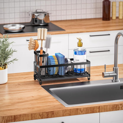 Cisily Sponge Holder for Kitchen Sink, Sink Organizer with Brush Holder | Kitchen Countertop Organizers and Storage Essentials, Rustproof 304 Stainless Steel (Black, 9.25″)