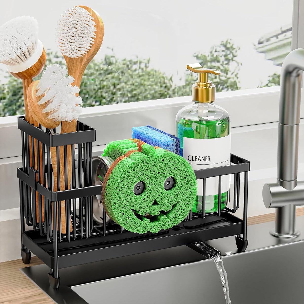 Cisily Sponge Holder for Kitchen Sink, Sink Organizer with Brush Holder | Kitchen Countertop Organizers and Storage Essentials, Rustproof 304 Stainless Steel (Black, 9.25″)