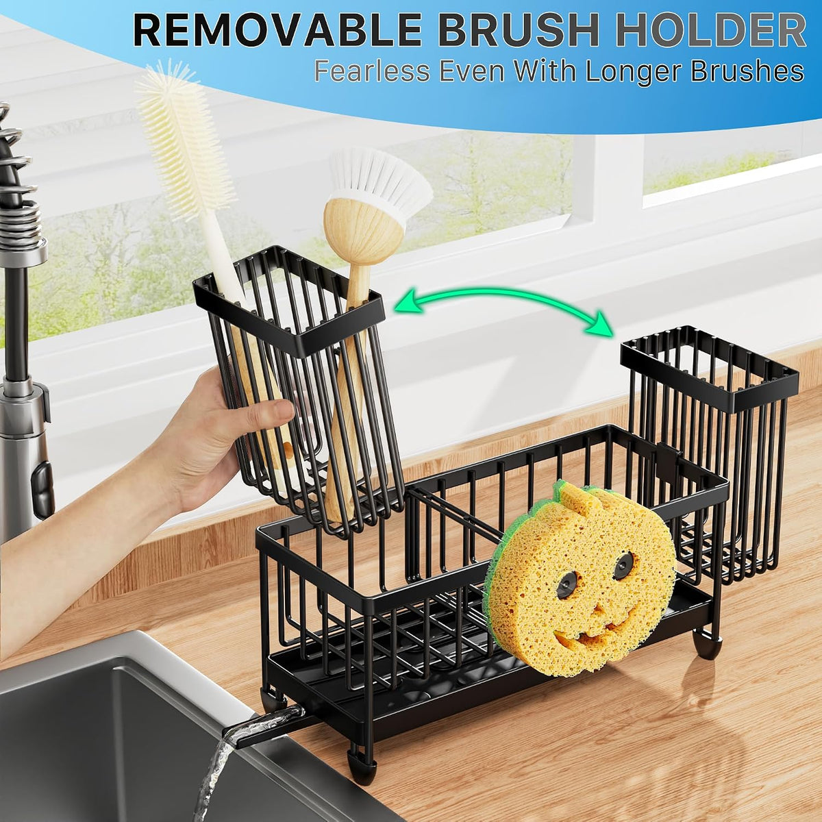 Cisily Sponge Holder for Kitchen Sink, Sink Organizer with Brush Holder | Kitchen Countertop Organizers and Storage Essentials, Rustproof 304 Stainless Steel (Black, 9.25″)