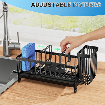 Cisily Sponge Holder for Kitchen Sink, Sink Organizer with Brush Holder | Kitchen Countertop Organizers and Storage Essentials, Rustproof 304 Stainless Steel (Black, 9.25″)