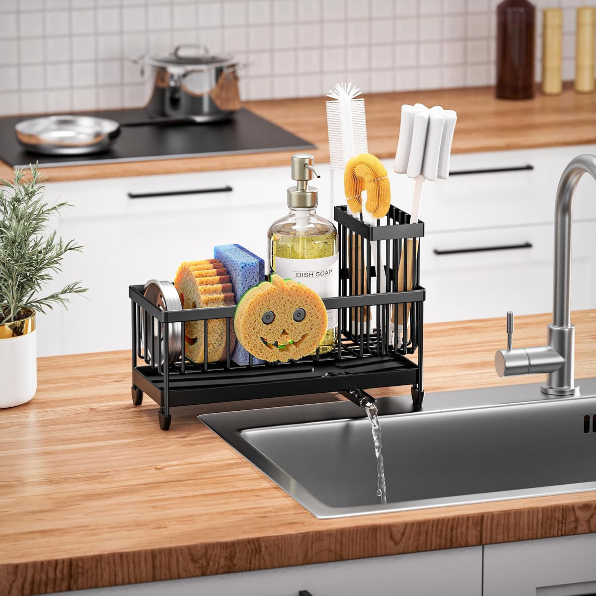 Cisily Sponge Holder for Kitchen Sink, Sink Organizer with Brush Holder | Kitchen Countertop Organizers and Storage Essentials, Rustproof 304 Stainless Steel (Black, 9.25″)