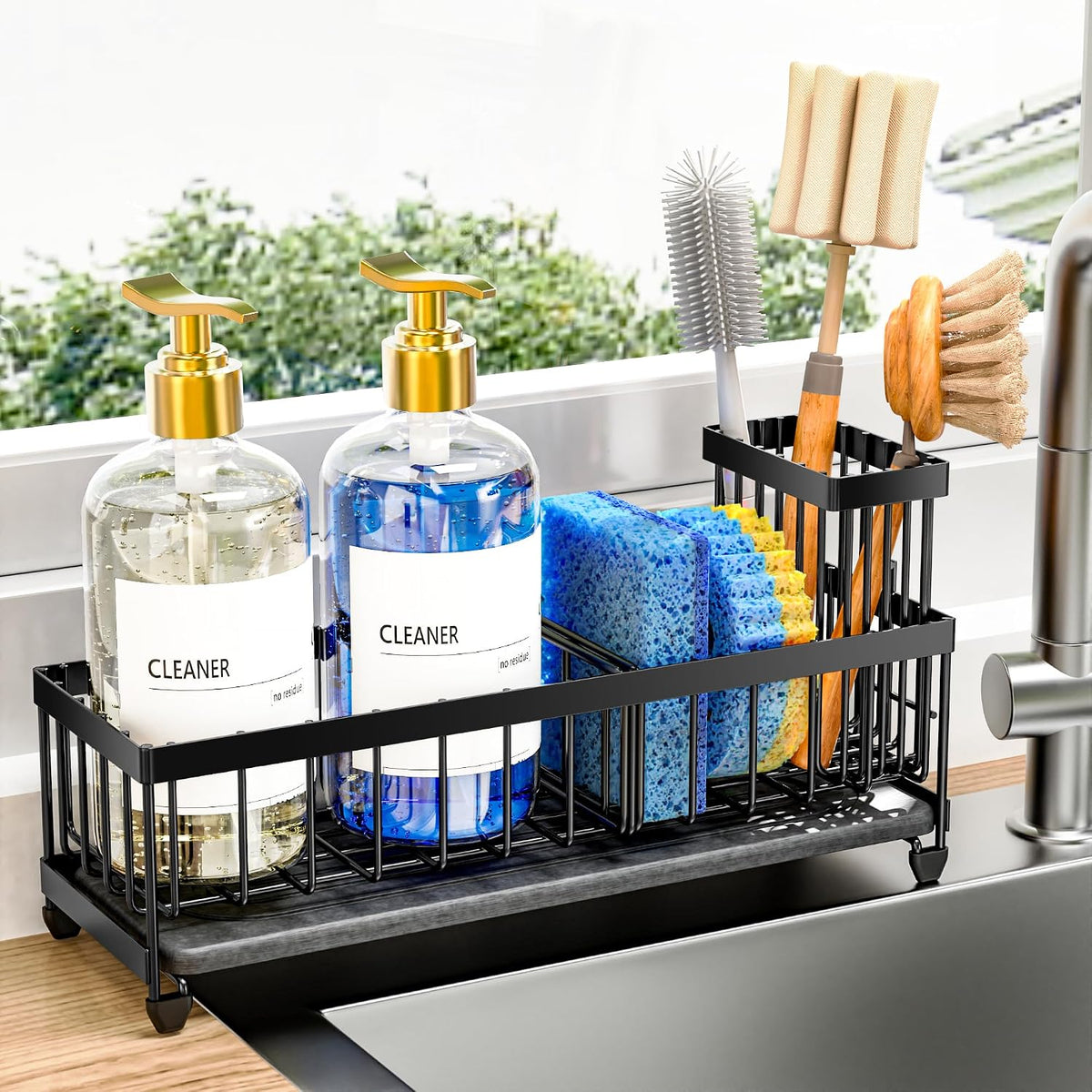 Cisily Sponge Holder for Kitchen Sink, Sink Organizer with Brush Holder | Kitchen Countertop Organizers and Storage Essentials, Rustproof 304 Stainless Steel (Black, 9.25″)