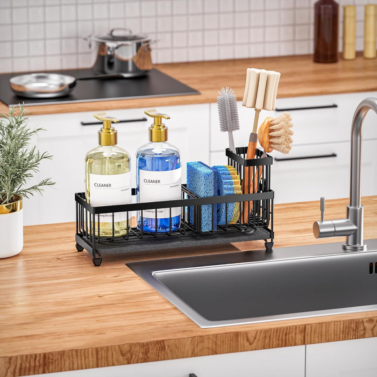 Cisily Sponge Holder for Kitchen Sink, Sink Organizer with Brush Holder | Kitchen Countertop Organizers and Storage Essentials, Rustproof 304 Stainless Steel (Black, 9.25″)