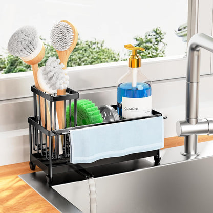 Cisily Sponge Holder for Kitchen Sink, Sink Organizer with Brush Holder | Kitchen Countertop Organizers and Storage Essentials, Rustproof 304 Stainless Steel (Black, 9.25″)