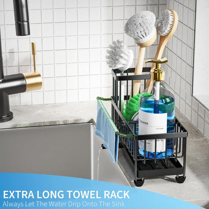 Cisily Sponge Holder for Kitchen Sink, Sink Organizer with Brush Holder | Kitchen Countertop Organizers and Storage Essentials, Rustproof 304 Stainless Steel (Black, 9.25″)
