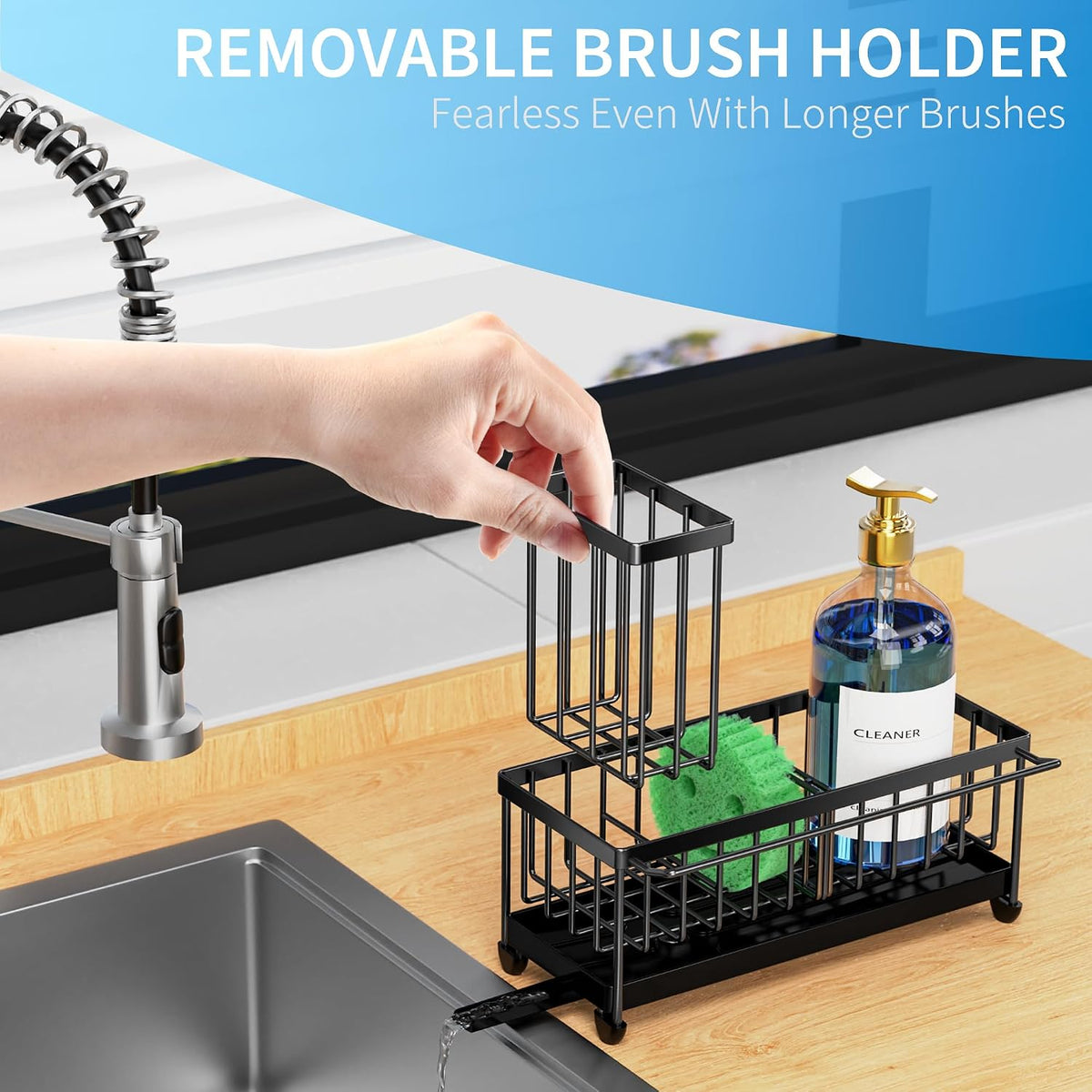 Cisily Sponge Holder for Kitchen Sink, Sink Organizer with Brush Holder | Kitchen Countertop Organizers and Storage Essentials, Rustproof 304 Stainless Steel (Black, 9.25″)