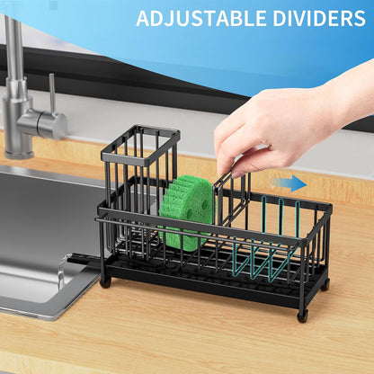 Cisily Sponge Holder for Kitchen Sink, Sink Organizer with Brush Holder | Kitchen Countertop Organizers and Storage Essentials, Rustproof 304 Stainless Steel (Black, 9.25″)