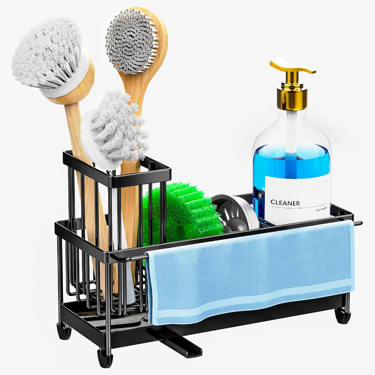 Cisily Sponge Holder for Kitchen Sink, Sink Organizer with Brush Holder | Kitchen Countertop Organizers and Storage Essentials, Rustproof 304 Stainless Steel (Black, 9.25″)