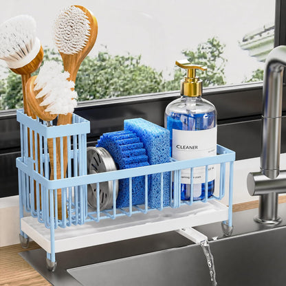 Cisily Sponge Holder for Kitchen Sink, Sink Organizer with Brush Holder | Kitchen Countertop Organizers and Storage Essentials, Rustproof 304 Stainless Steel (Black, 9.25″)