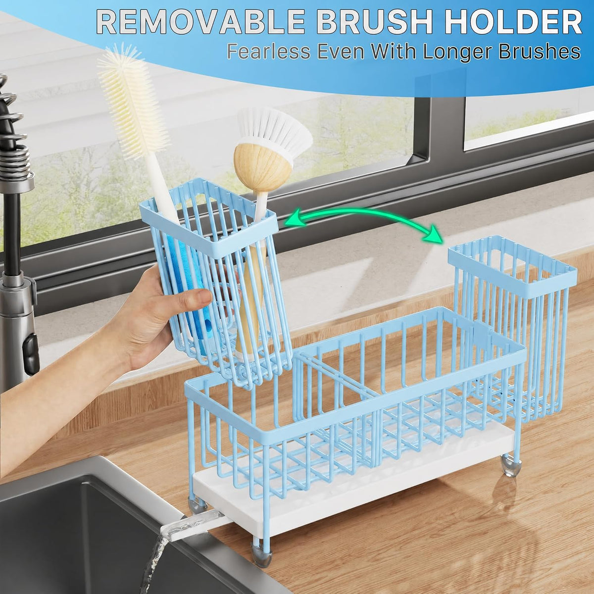 Cisily Sponge Holder for Kitchen Sink, Sink Organizer with Brush Holder | Kitchen Countertop Organizers and Storage Essentials, Rustproof 304 Stainless Steel (Black, 9.25″)