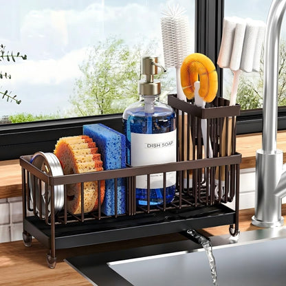 Cisily Sponge Holder for Kitchen Sink, Sink Organizer with Brush Holder | Kitchen Countertop Organizers and Storage Essentials, Rustproof 304 Stainless Steel (Black, 9.25″)