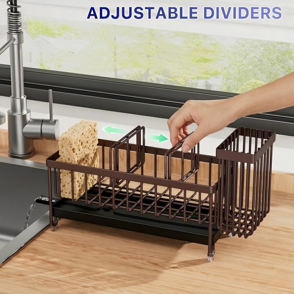 Cisily Sponge Holder for Kitchen Sink, Sink Organizer with Brush Holder | Kitchen Countertop Organizers and Storage Essentials, Rustproof 304 Stainless Steel (Black, 9.25″)