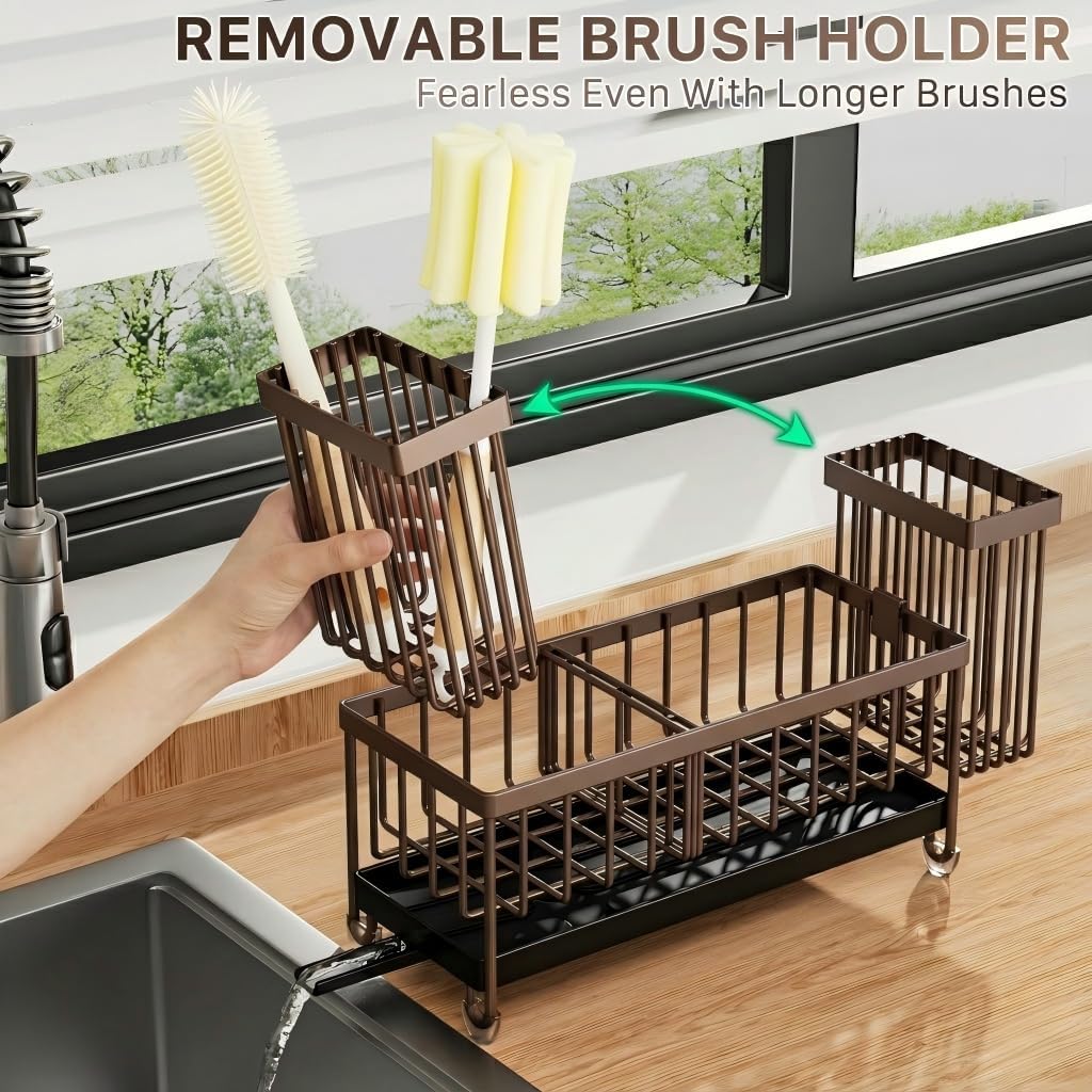 Cisily Sponge Holder for Kitchen Sink, Sink Organizer with Brush Holder | Kitchen Countertop Organizers and Storage Essentials, Rustproof 304 Stainless Steel (Black, 9.25″)