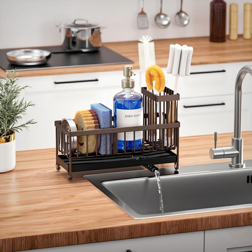 Cisily Sponge Holder for Kitchen Sink, Sink Organizer with Brush Holder | Kitchen Countertop Organizers and Storage Essentials, Rustproof 304 Stainless Steel (Black, 9.25″)