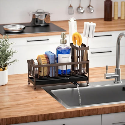 Cisily Sponge Holder for Kitchen Sink, Sink Organizer with Brush Holder | Kitchen Countertop Organizers and Storage Essentials, Rustproof 304 Stainless Steel (Black, 9.25″)