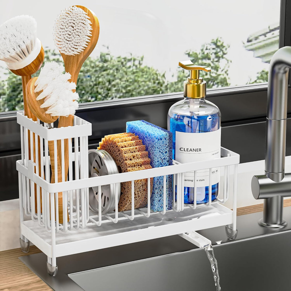 Cisily Sponge Holder for Kitchen Sink, Sink Organizer with Brush Holder | Kitchen Countertop Organizers and Storage Essentials, Rustproof 304 Stainless Steel (Black, 9.25″)
