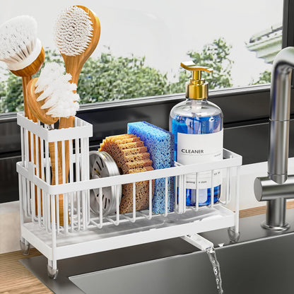 Cisily Sponge Holder for Kitchen Sink, Sink Organizer with Brush Holder | Kitchen Countertop Organizers and Storage Essentials, Rustproof 304 Stainless Steel (Black, 9.25″)