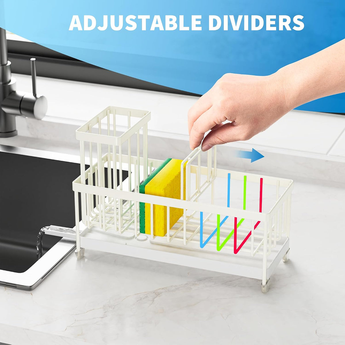 Cisily Sponge Holder for Kitchen Sink, Sink Organizer with Brush Holder | Kitchen Countertop Organizers and Storage Essentials, Rustproof 304 Stainless Steel (Black, 9.25″)