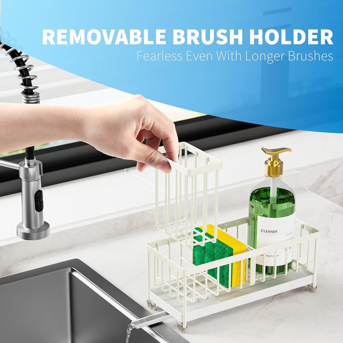 Cisily Sponge Holder for Kitchen Sink, Sink Organizer with Brush Holder | Kitchen Countertop Organizers and Storage Essentials, Rustproof 304 Stainless Steel (Black, 9.25″)