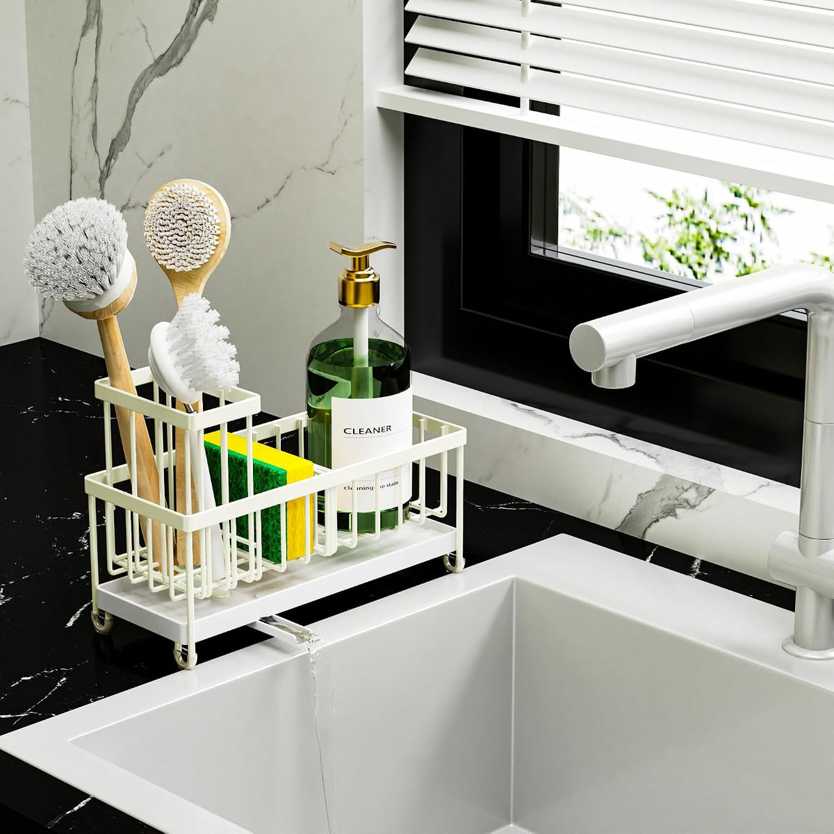 Cisily Sponge Holder for Kitchen Sink, Sink Organizer with Brush Holder | Kitchen Countertop Organizers and Storage Essentials, Rustproof 304 Stainless Steel (Black, 9.25″)