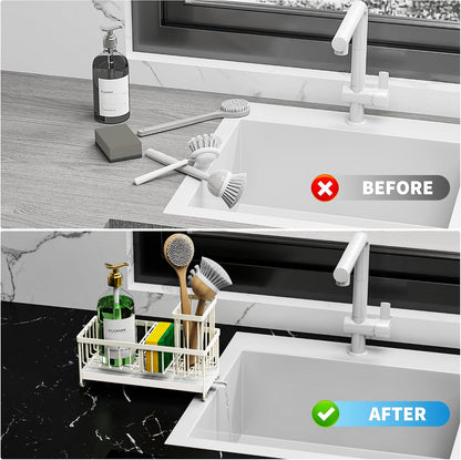 Cisily Sponge Holder for Kitchen Sink, Sink Organizer with Brush Holder | Kitchen Countertop Organizers and Storage Essentials, Rustproof 304 Stainless Steel (Black, 9.25″)