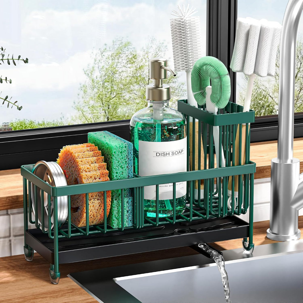 Cisily Sponge Holder for Kitchen Sink, Sink Organizer with Brush Holder | Kitchen Countertop Organizers and Storage Essentials, Rustproof 304 Stainless Steel (Black, 9.25″)