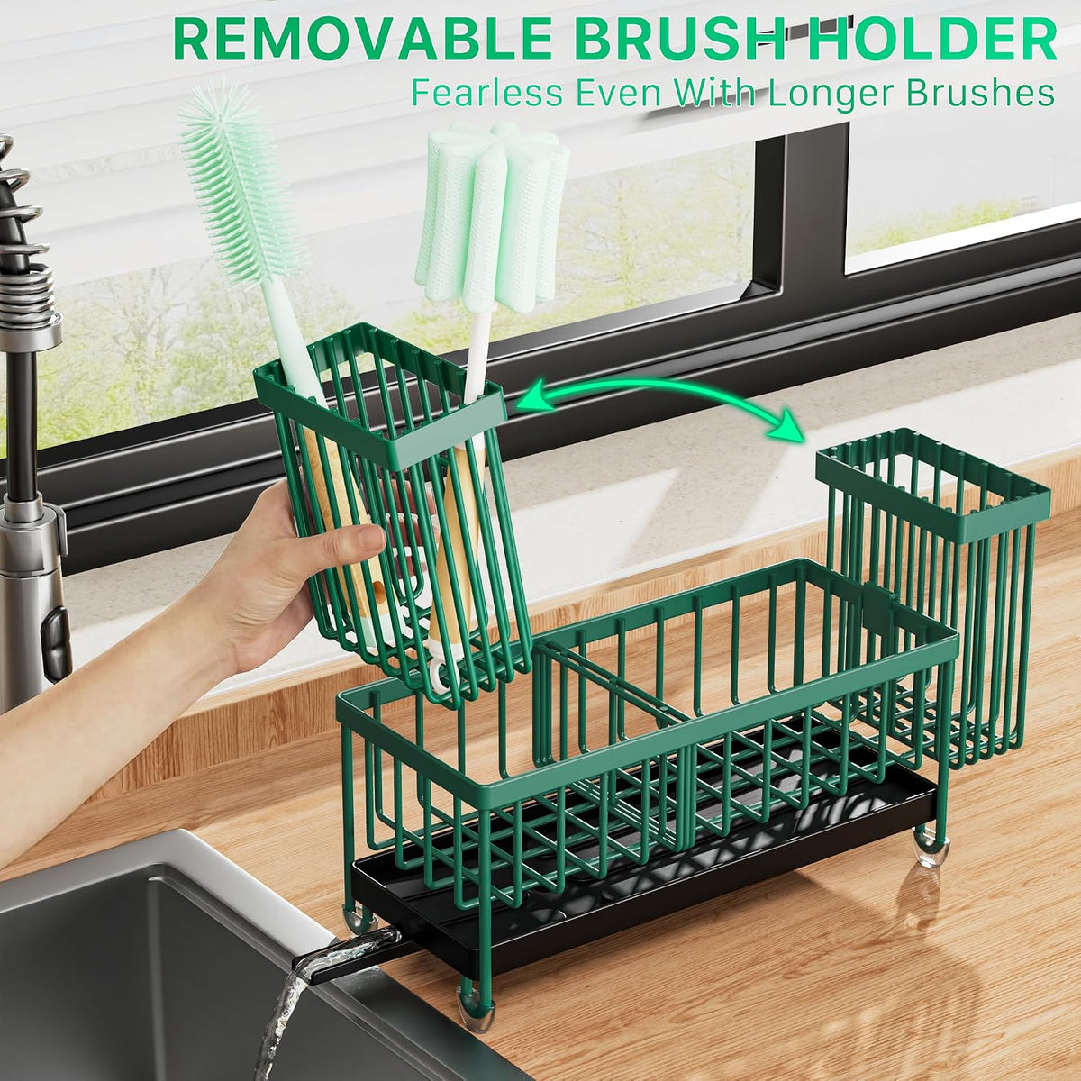 Cisily Sponge Holder for Kitchen Sink, Sink Organizer with Brush Holder | Kitchen Countertop Organizers and Storage Essentials, Rustproof 304 Stainless Steel (Black, 9.25″)