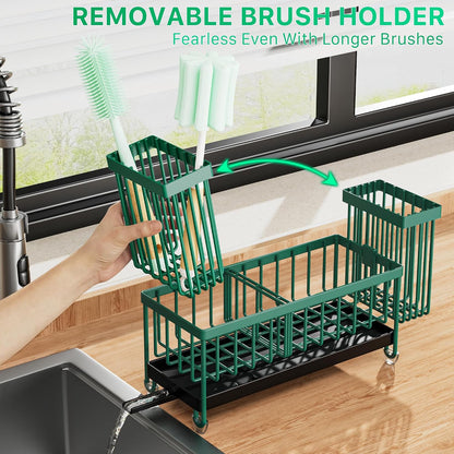 Cisily Sponge Holder for Kitchen Sink, Sink Organizer with Brush Holder | Kitchen Countertop Organizers and Storage Essentials, Rustproof 304 Stainless Steel (Black, 9.25″)