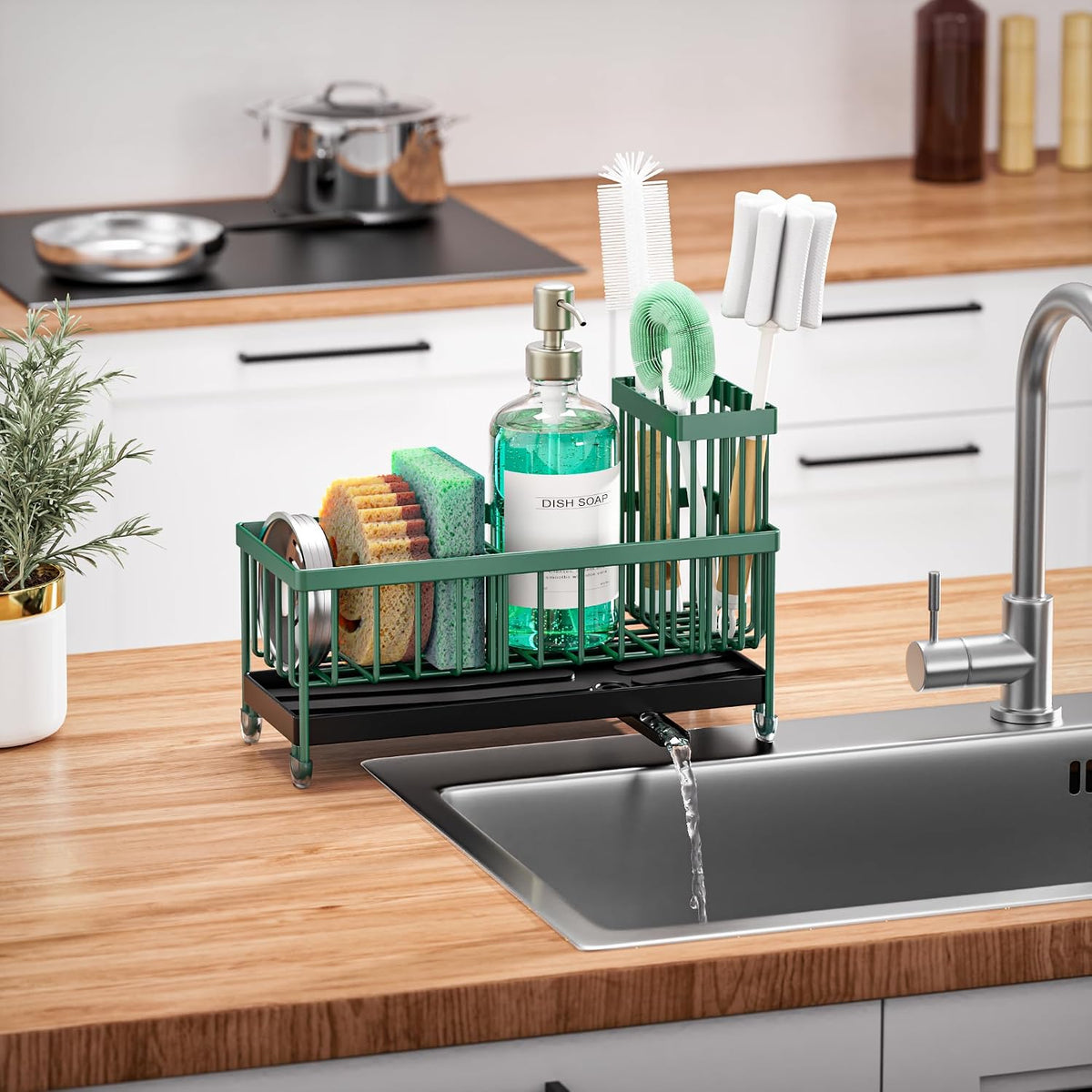 Cisily Sponge Holder for Kitchen Sink, Sink Organizer with Brush Holder | Kitchen Countertop Organizers and Storage Essentials, Rustproof 304 Stainless Steel (Black, 9.25″)
