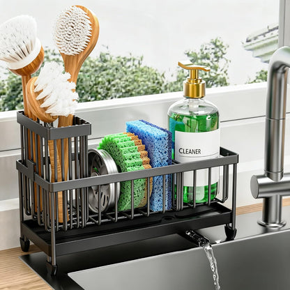 Cisily Sponge Holder for Kitchen Sink, Sink Organizer with Brush Holder | Kitchen Countertop Organizers and Storage Essentials, Rustproof 304 Stainless Steel (Black, 9.25″)