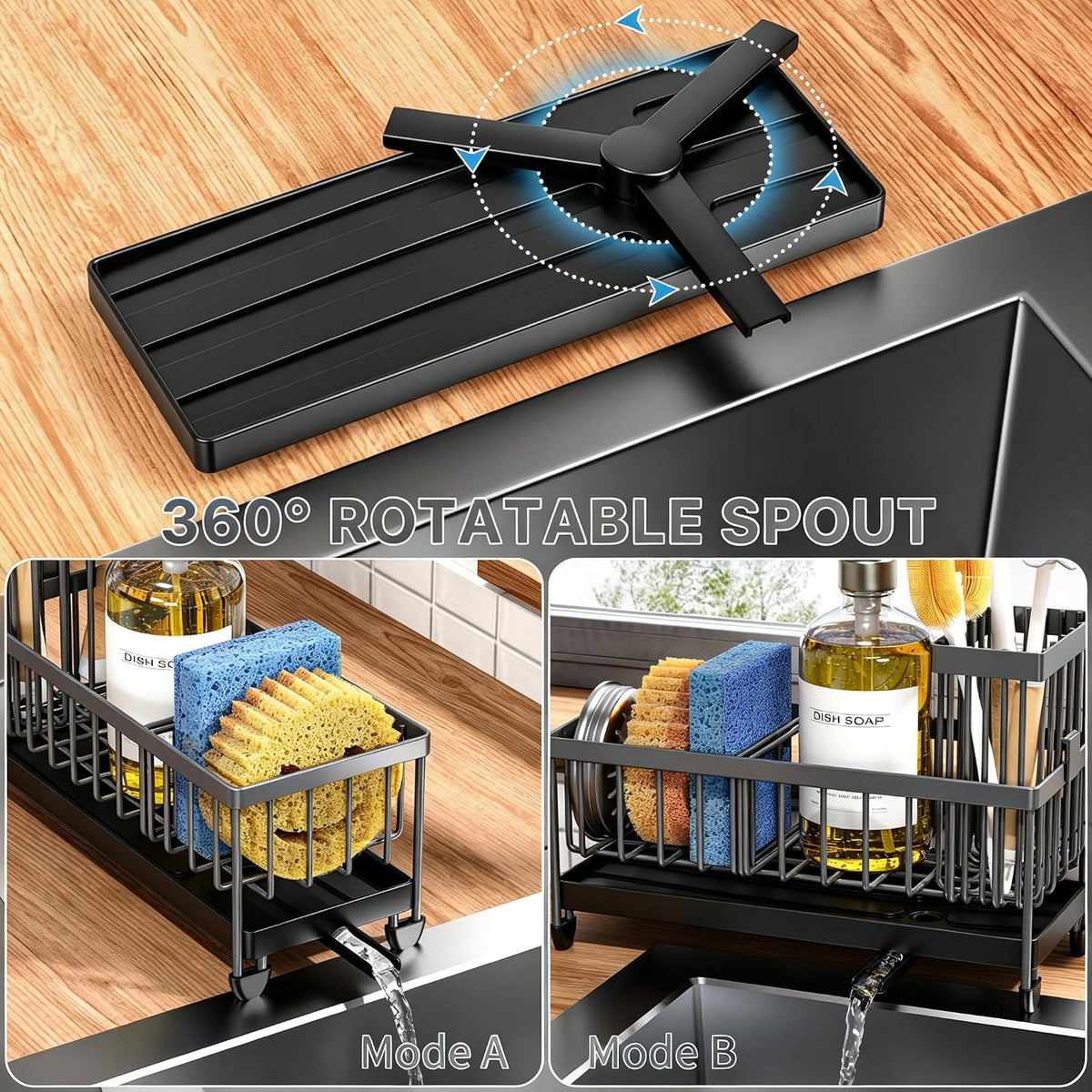 Cisily Sponge Holder for Kitchen Sink, Sink Organizer with Brush Holder | Kitchen Countertop Organizers and Storage Essentials, Rustproof 304 Stainless Steel (Black, 9.25″)