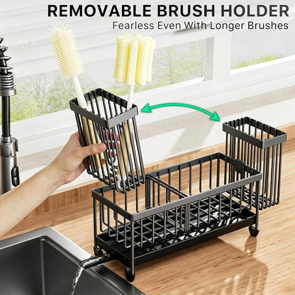 Cisily Sponge Holder for Kitchen Sink, Sink Organizer with Brush Holder | Kitchen Countertop Organizers and Storage Essentials, Rustproof 304 Stainless Steel (Black, 9.25″)