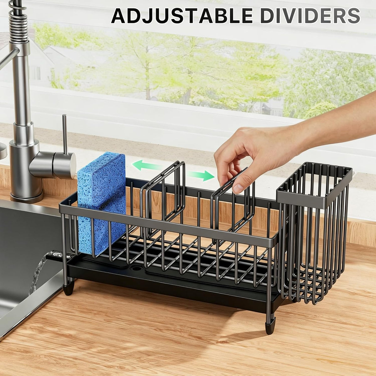 Cisily Sponge Holder for Kitchen Sink, Sink Organizer with Brush Holder | Kitchen Countertop Organizers and Storage Essentials, Rustproof 304 Stainless Steel (Black, 9.25″)