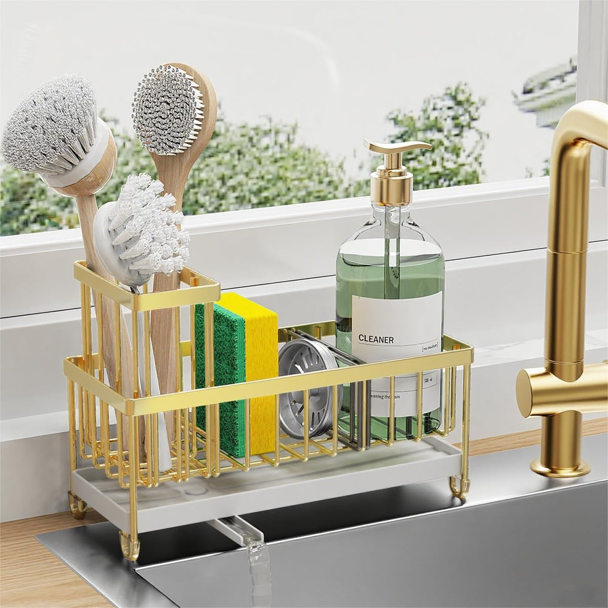 Cisily Sponge Holder for Kitchen Sink, Sink Organizer with Brush Holder | Kitchen Countertop Organizers and Storage Essentials, Rustproof 304 Stainless Steel (Black, 9.25″)