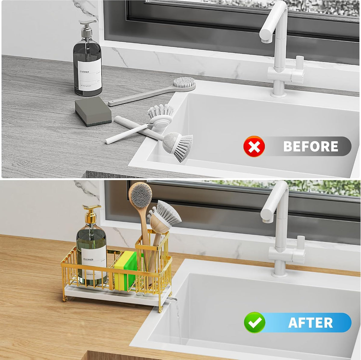 Cisily Sponge Holder for Kitchen Sink, Sink Organizer with Brush Holder | Kitchen Countertop Organizers and Storage Essentials, Rustproof 304 Stainless Steel (Black, 9.25″)