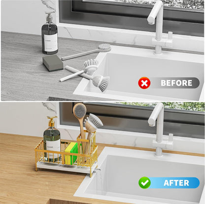 Cisily Sponge Holder for Kitchen Sink, Sink Organizer with Brush Holder | Kitchen Countertop Organizers and Storage Essentials, Rustproof 304 Stainless Steel (Black, 9.25″)