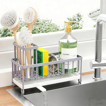 Cisily Sponge Holder for Kitchen Sink, Sink Organizer with Brush Holder | Kitchen Countertop Organizers and Storage Essentials, Rustproof 304 Stainless Steel (Black, 9.25″)