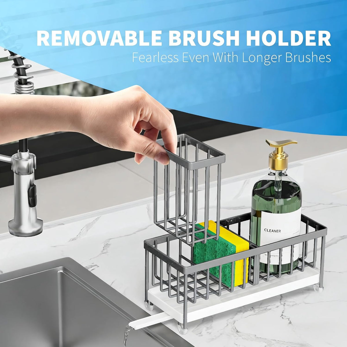 Cisily Sponge Holder for Kitchen Sink, Sink Organizer with Brush Holder | Kitchen Countertop Organizers and Storage Essentials, Rustproof 304 Stainless Steel (Black, 9.25″)